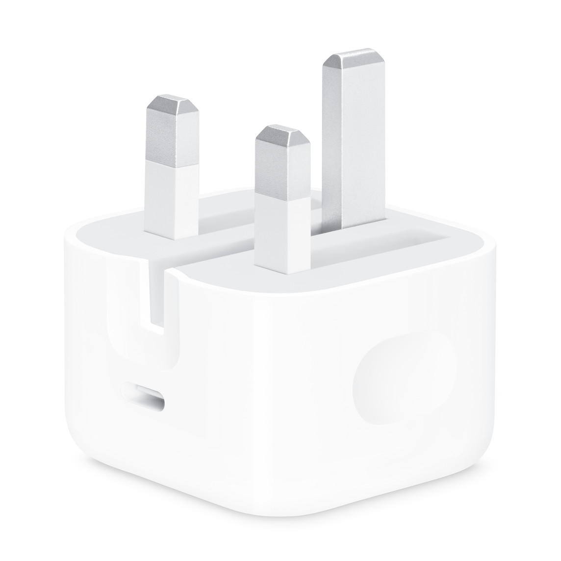 Apple 20W USB-C Power Adapter, angled view with UK 3-pin plug