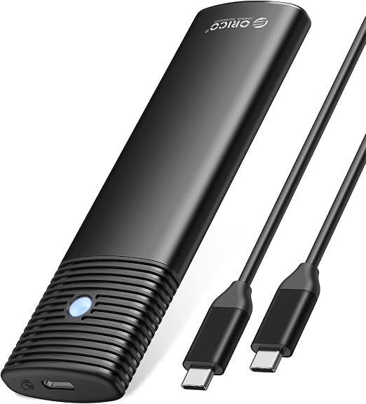 ORICO M.2 SSD enclosure, black, angled view with cable