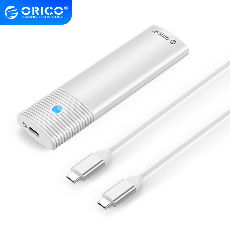 ORICO M.2 SSD enclosure, white, angled view with cable