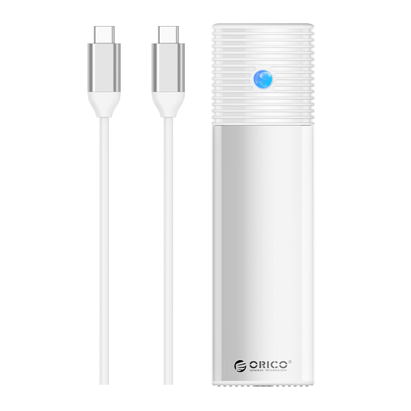 ORICO M.2 SSD enclosure, white, front view with cable